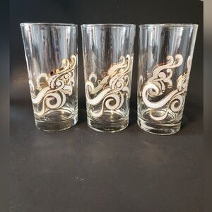 Mid Century Gold and White 1950s Wave Glasses - Highball Glasses - Gold Glasses